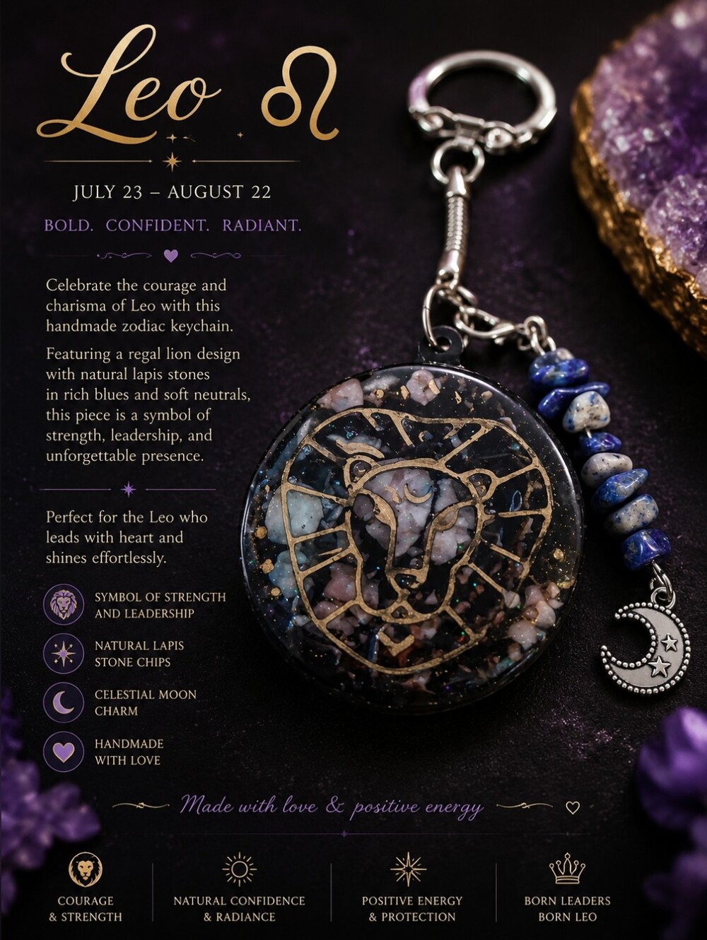 Leo Zodiac Lapis Lion Keychain - Blue Lapis Moon Charm